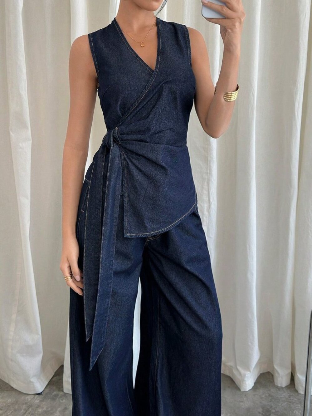 Dark Wash Elegant Women's Denim Sleeveless Top & Wide-Leg Pants suit set - Picture 4 of 8